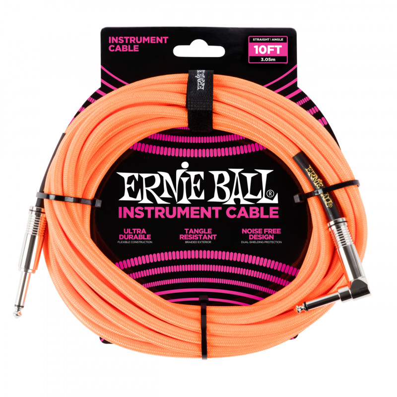 ERNIE BALL 6079 - кабель инструментальный, оплетёный, 3,05 м, прямой/угловой джеки, оранжевый неон