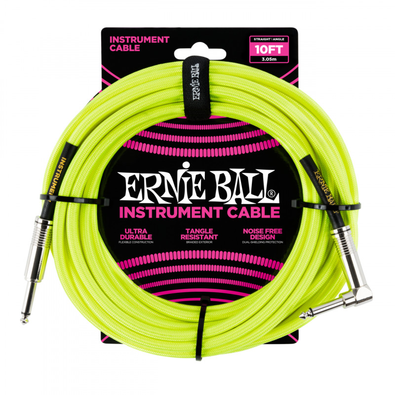 ERNIE BALL 6080 - кабель инструментальный, оплетёный, 3,05 м, прямой/угловой джеки, желтый неон