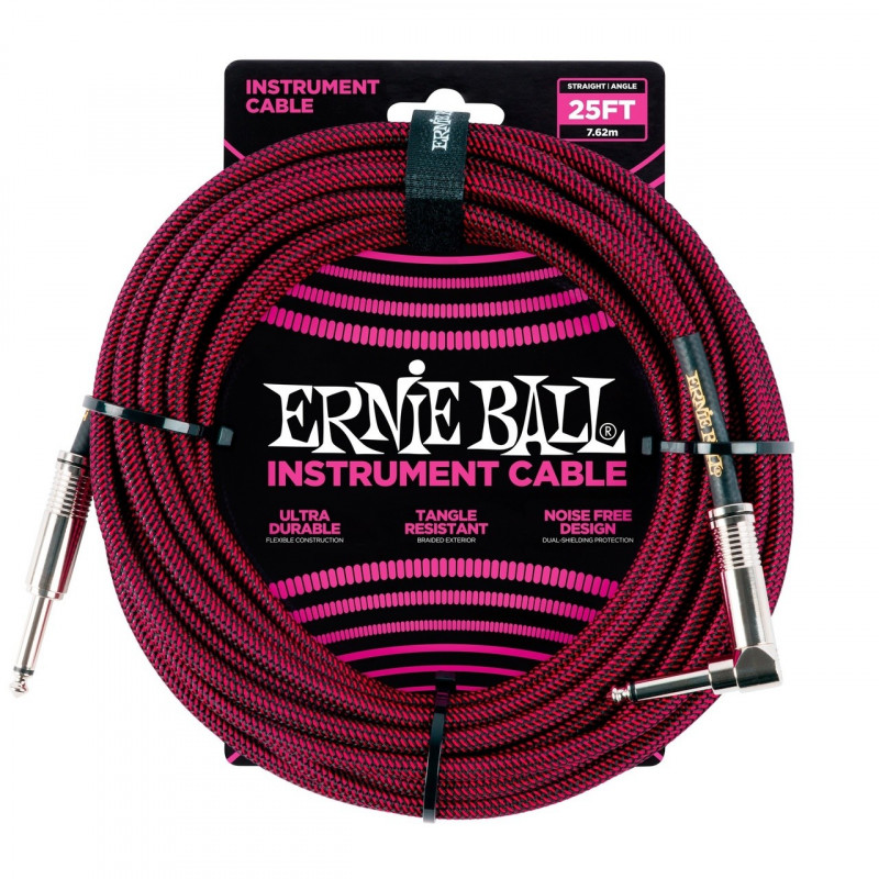 ERNIE BALL 6062 - кабель инструментальный, прямой /угловой джеки, длина 7,62м, цвет чёрный с красным