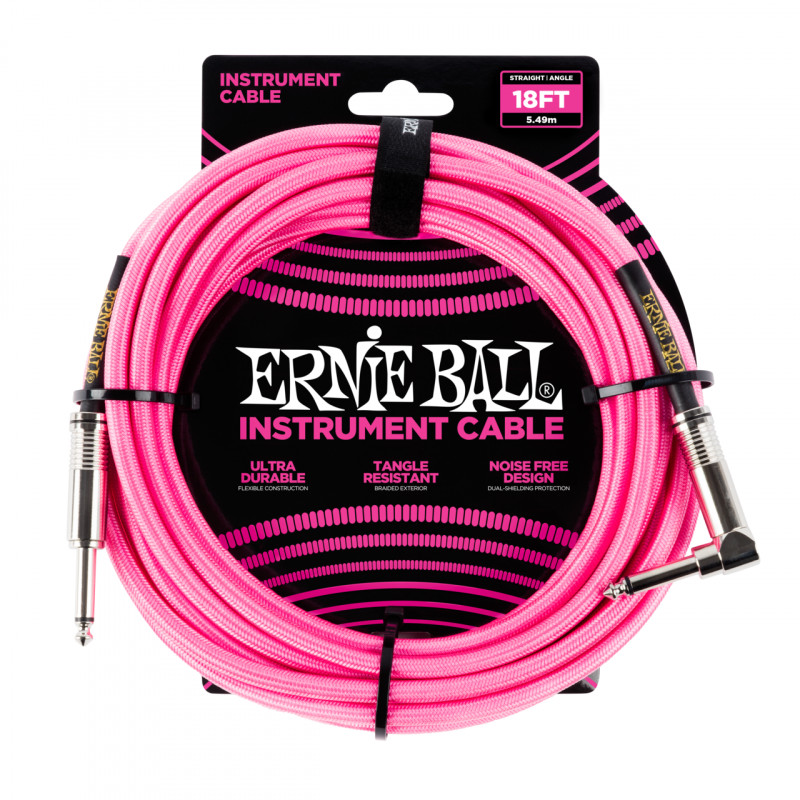 ERNIE BALL 6083 - кабель инструментальный, оплетёный, 5,49 м, прямой/угловой джеки, розовый неон