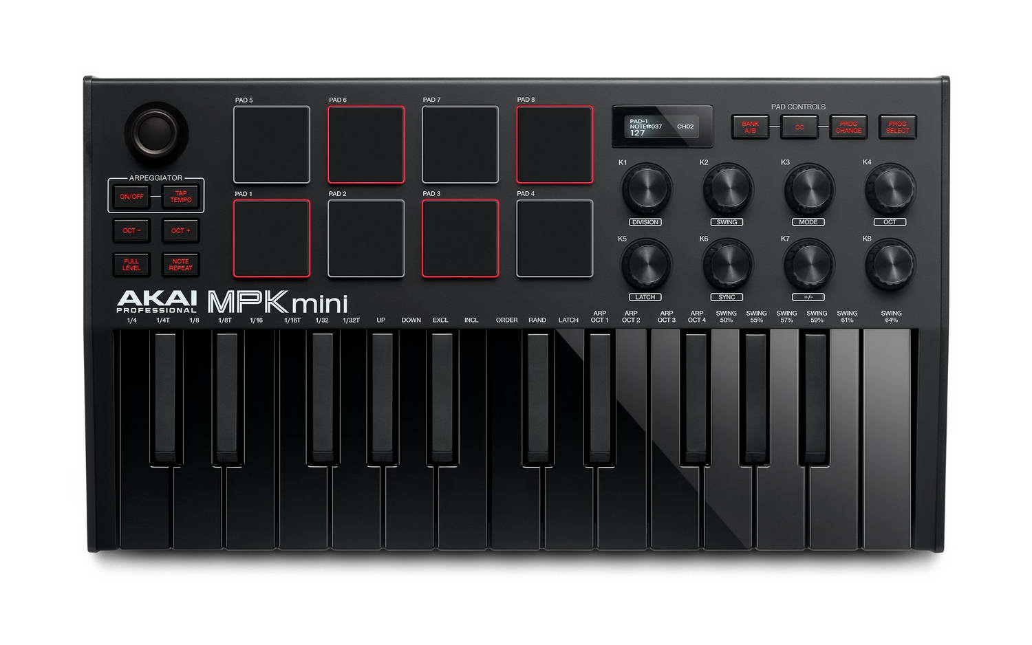 AKAI PRO MPK MINI MK3-B Миди клавиатура  черного цвета, 25 уменьшенных клавиш, 8 MPC-пэдов, 8 ручек