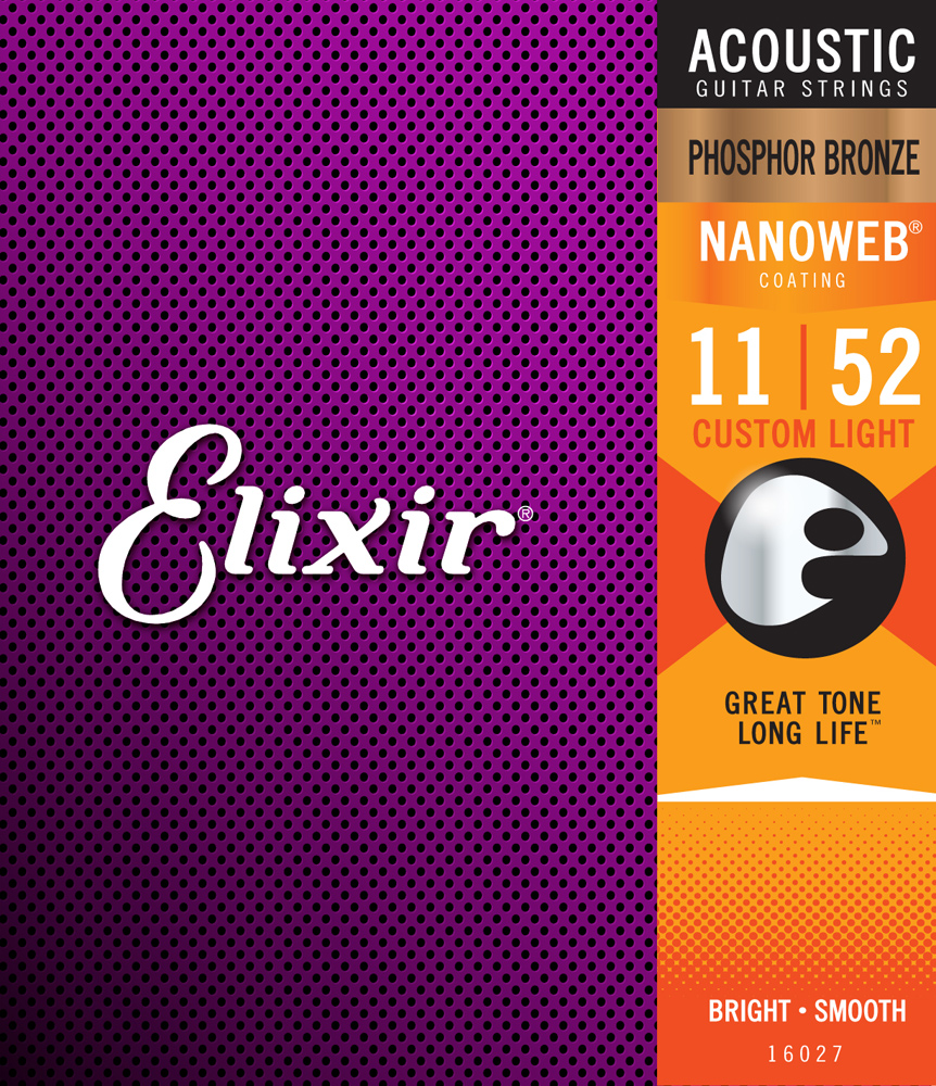 Elixir 16027 струны для акустической гитары, Phos Bronze NanoWeb Custom Light (011-052)