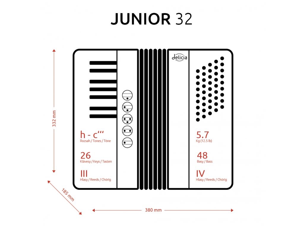 Аккордеон DELICIA "JUNIUOR 32" 26/48-III- 5 комплектация Special  Трёхголосый аккордеон. 