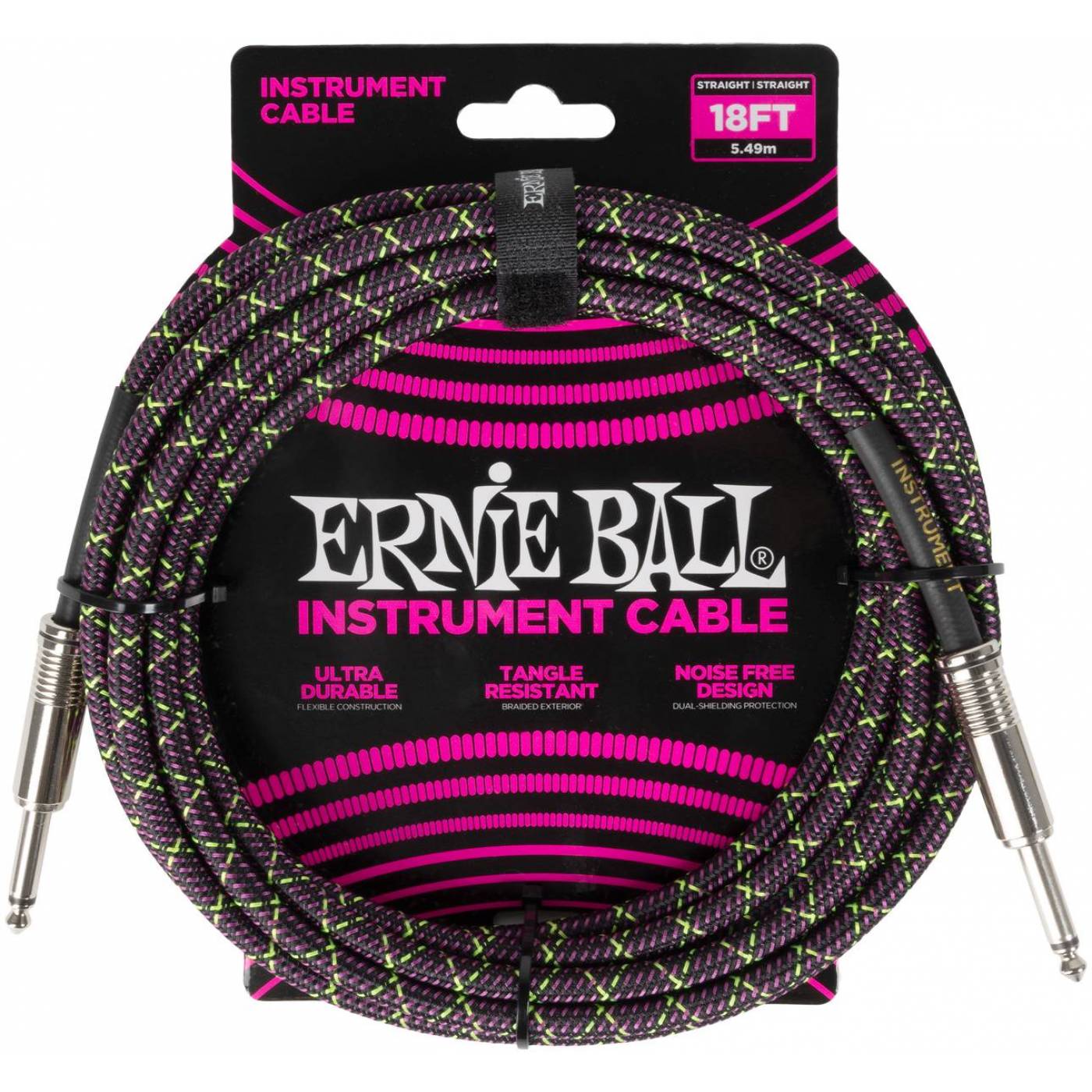 ERNIE BALL 6431 - кабель инструментальный, оплетёный, 5,49 м, прямые джеки, фиолетовый/зеленый