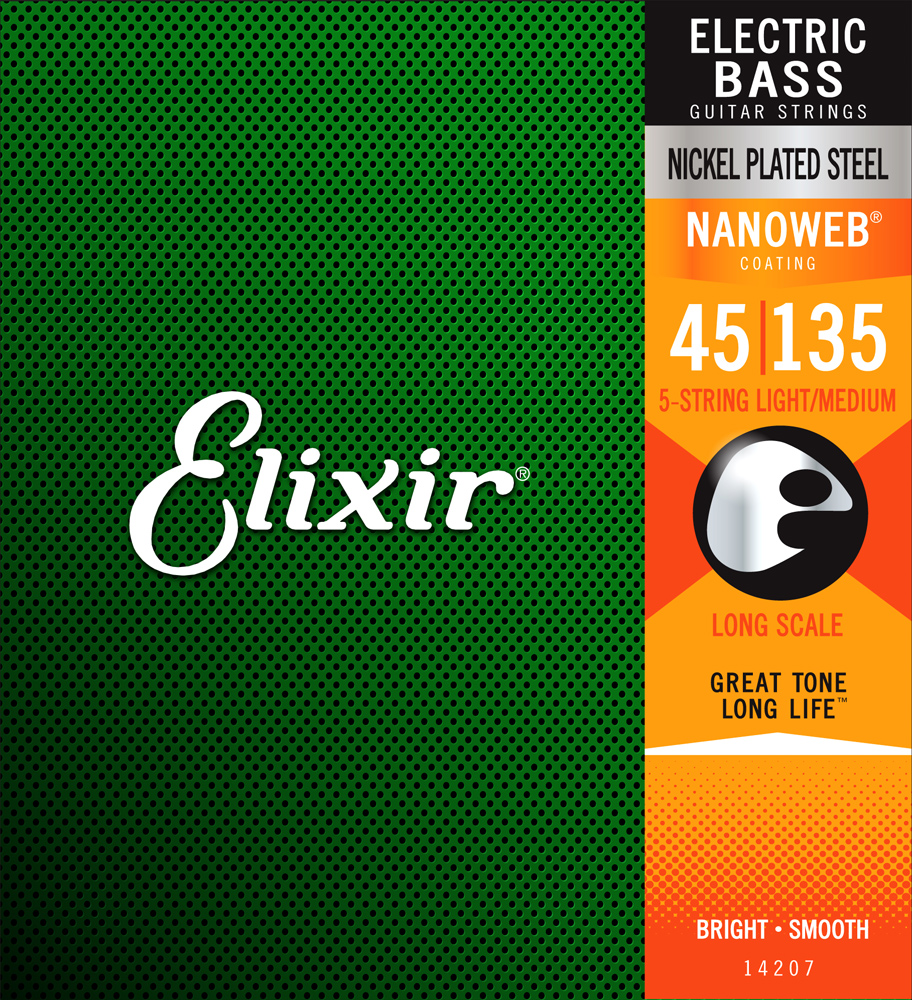 Elixir 14207 NANOWEB Комплект струн для 5-струнной бас-гитары, никелированные, Light/Medium, 45-135
