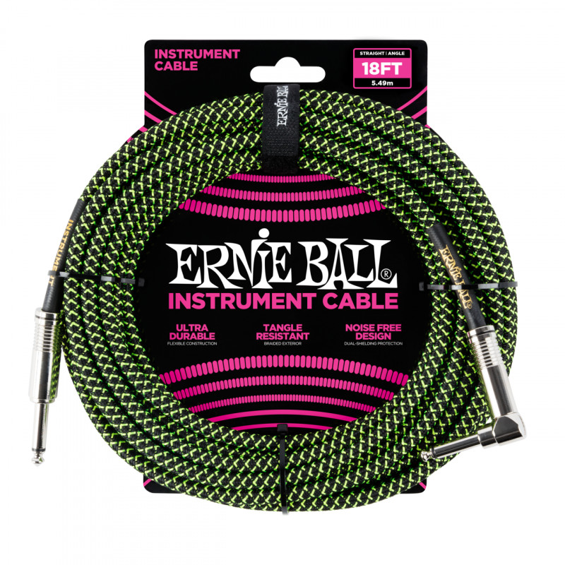 ERNIE BALL 6082 - кабель инструментальный, оплетёный, 5,49 м, прямой/угловой джеки, чёрно-зелёный